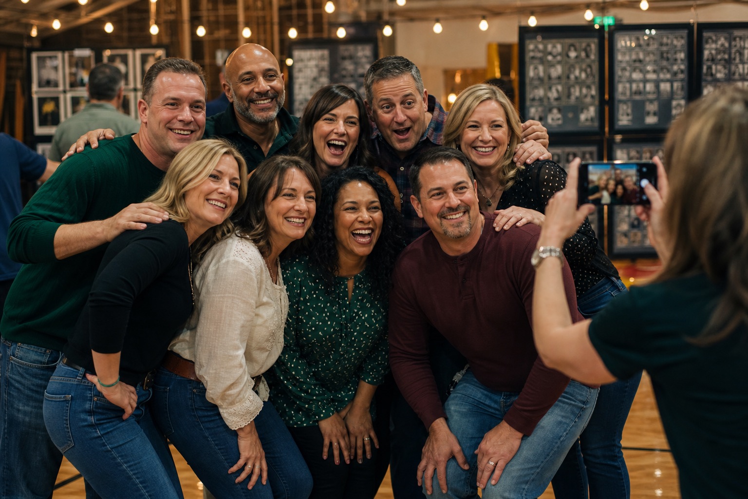Former classmates laughing together for a reunion photo in front of yearbook displays