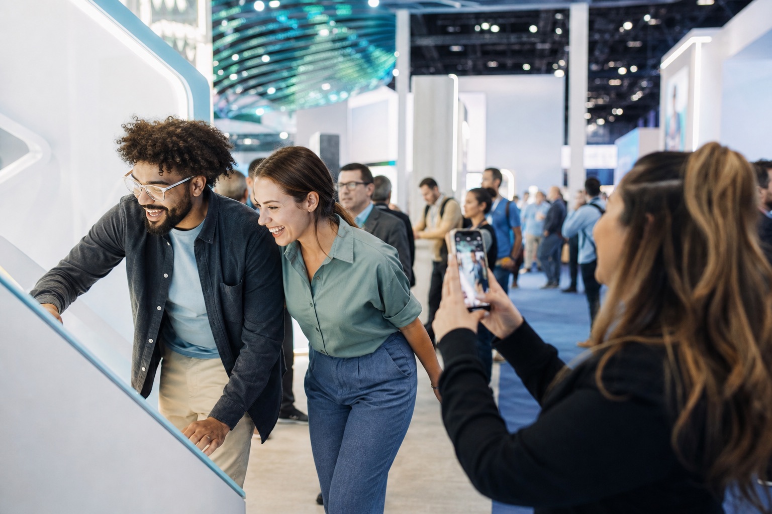 Trade-show attendees trying an interactive booth experience while a friend photographs them